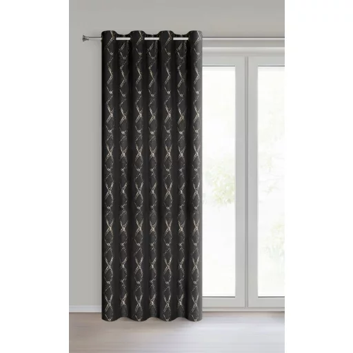 Különleges fekete-arany sötétítő függöny modern rombuszmintával – Elegáns mikroszálas  dekorfüggöny fényes  mintával – arany színű ringlikkel 140X250cm 