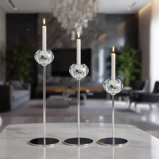 Elegáns ezüst  színű  ,csiszolt áttetsző  üveg gyertyatartó 8X27cm