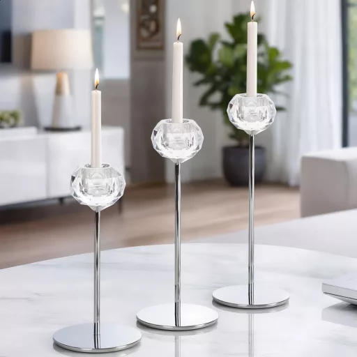 Elegáns ezüst  színű  ,csiszolt áttetsző szürke üveg gyertyatartó 8X27cm