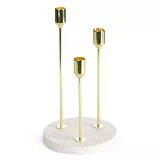   Elegáns arany színű 3-as gyertyatartó fehér márvány talppal 15X26cm