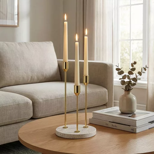 Elegáns arany színű 3-as gyertyatartó fehér márvány talppal 15X26cm