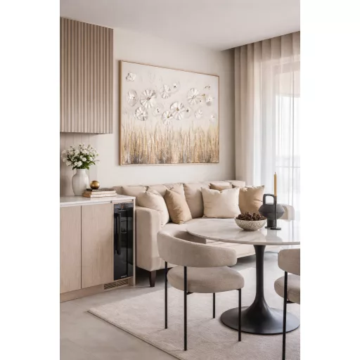 Elegáns, kézzel festett vászonkép háromdimenziós virágmotívummal 92X122X5 cm