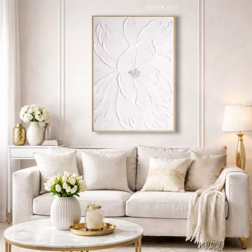 Prémium fehér virágos falikép finom 3D textúrával 90x60cm