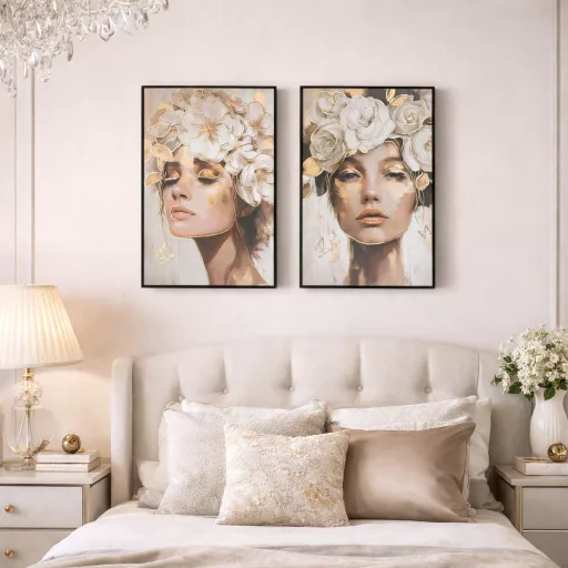 Különleges női portré vászonkép finom virágmotívumokkal 60X80 cm