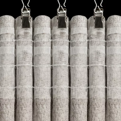 Prémium 3 rétegű 100% blackout fényzáró függöny természetes szövésű felülettel – sötét bézs színben, egyenletes ceruza ráncolóval, rúdkarnisra és sínes karnisra, csipesszel és kampóval rögzíthető 140X270cm 