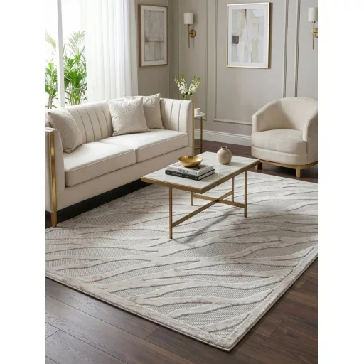 Elegáns krém és bézs szőnyeg modern hullám mintával, finom vonalvezetésű és harmonikus térhatású 200x290cm