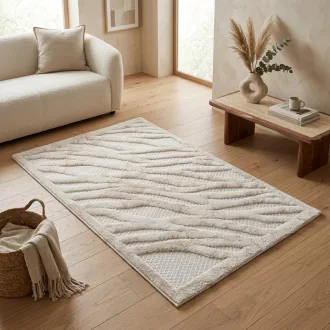   Elegáns krém és bézs szőnyeg modern hullám mintával, finom vonalvezetésű és harmonikus térhatású 80x150cm