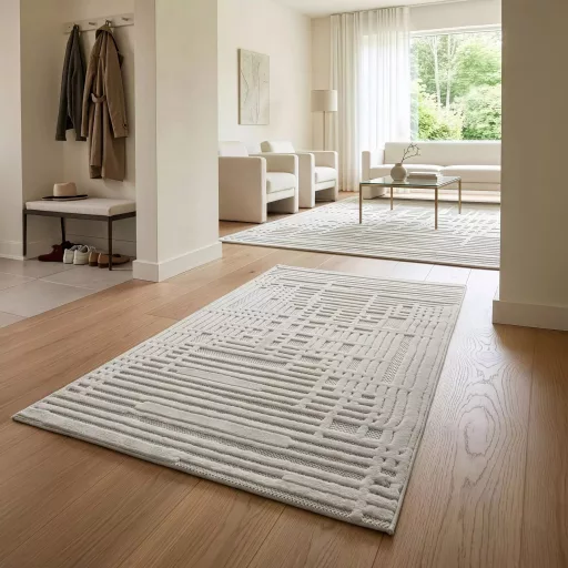 Modern krém-fehér geometrikus szőnyeg – 3D mintás elegáns szőnyeg– puha, elegáns nappali futószőnyeg, texturált minimalista designer szőnyeg 120x170cm