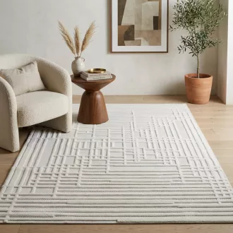   Modern krém-fehér geometrikus szőnyeg – 3D mintás elegáns szőnyeg– puha, elegáns nappali szőnyeg, texturált minimalista designer szőnyeg 160x230cm