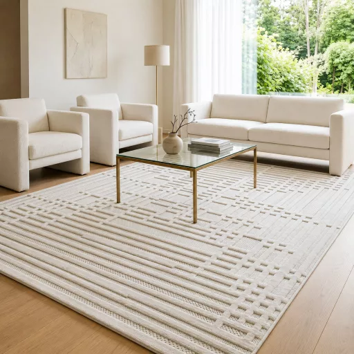 Modern krém-fehér geometrikus szőnyeg – 3D mintás elegáns szőnyeg– puha, elegáns nappali szőnyeg, texturált minimalista designer szőnyeg 200x290cm