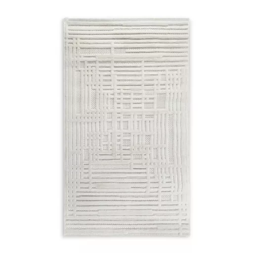 Modern krém-fehér geometrikus szőnyeg – 3D mintás elegáns szőnyeg– puha, elegáns nappali szőnyeg, texturált minimalista designer szőnyeg  60x100cm
