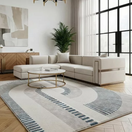 Modern krém alapon kék geometrikus mintás  szőnyeg – 3D mintás elegáns szőnyeg– puha, elegáns nappali szőnyeg, texturált minimalista designer szőnyeg,TÖBB MÉRETBEN , 16900-52800Ft- ig 