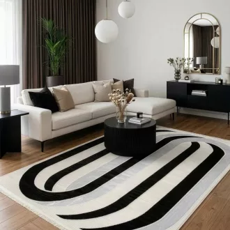   Modern fekete-fehér absztrakt szőnyeg rojtos szegéllyell– puha, elegáns nappali szőnyeg, texturált minimalista designer szőnyeg ,TÖBB MÉRETBEN , 16900-79900Ft- ig 