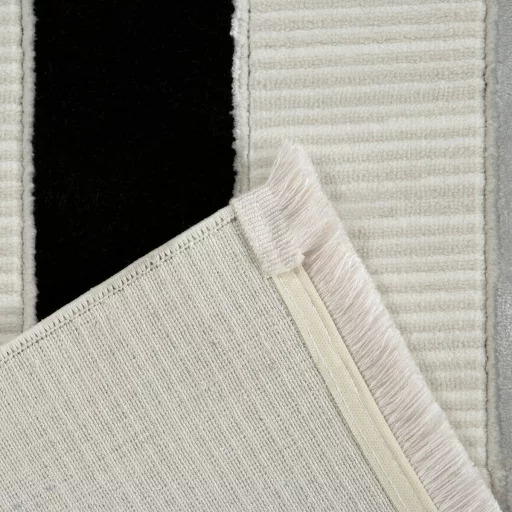 Modern fekete-fehér absztrakt szőnyeg rojtos szegéllyell– puha, elegáns nappali szőnyeg, texturált minimalista designer szőnyeg ,TÖBB MÉRETBEN , 16900-79900Ft- ig 