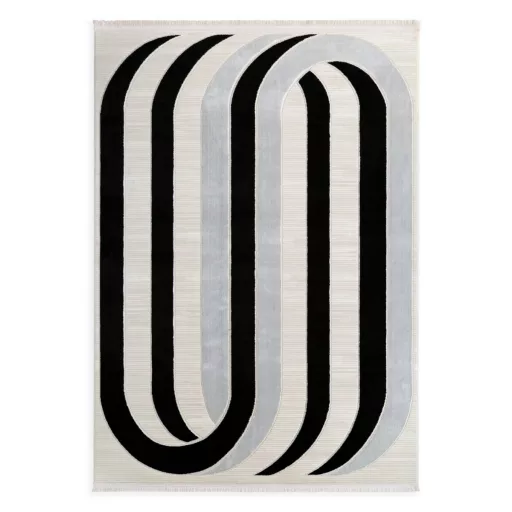 Modern fekete-fehér absztrakt szőnyeg rojtos szegéllyell– puha, elegáns nappali szőnyeg, texturált minimalista designer szőnyeg ,TÖBB MÉRETBEN , 16900-79900Ft- ig 
