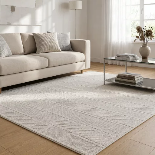 Elegáns krémszínű szőnyeg finoman kidolgozott geometrikus mintázattal és puha, kellemes tapintású felülettel –  elegáns nappali szőnyeg, texturált minimalista design TÖBB MÉRETBEN- 16900 Ft-79900 Ft-ig 