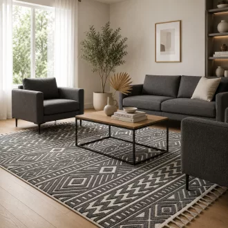   Elegáns sötétszürke- krém színű  szőnyeg finoman kidolgozott geometrikus mintázattal és puha, kellemes tapintású felülettel –  elegáns nappali szőnyeg, texturált minimalista design , TÖBB MÉRETBEN 16900-52800Ft- ig