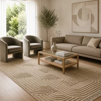   Elegáns beige színű  szőnyeg finoman kidolgozott geometrikus mintázattal és puha, kellemes tapintású felülettel –  elegáns nappali szőnyeg, texturált minimalista design ,TÖBB MÉRETBEN 13900 Ft-40000 Ft-ig 