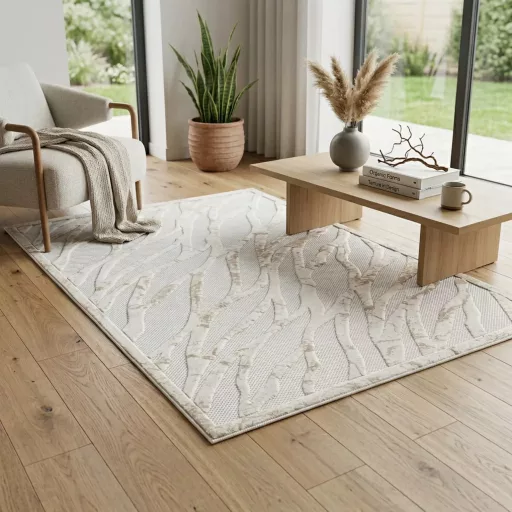 Elegáns krém és bézs szőnyeg modern hullám mintával, finom vonalvezetésű és harmonikus térhatású 140x190cm