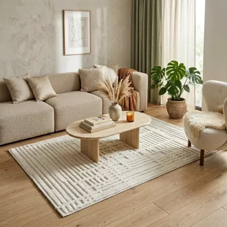   Modern krém-fehér geometrikus szőnyeg – 3D mintás elegáns szőnyeg– puha, elegáns nappali futószőnyeg, texturált minimalista designer szőnyeg 140x190cm
