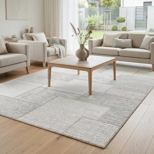 Elegáns világos szürke szőnyeg finoman kidolgozott geometrikus mintázattal és puha, kellemes tapintású felülettel –  elegáns nappali szőnyeg, texturált minimalista design, TÖBB MÉRETBEN 22900 Ft-66900 Ft-ig