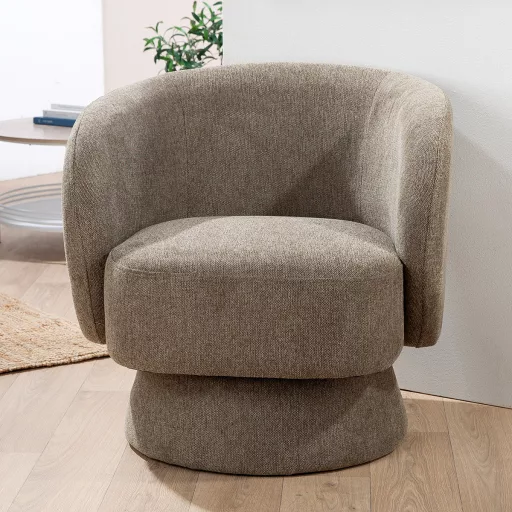 Modern fotel – kárpitozott design fotel szürkésbarna szövet borítással nappaliba, hálóba  81 x 78 x 77 cm