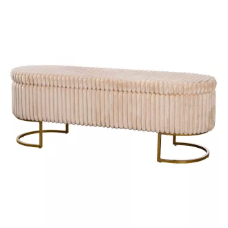   Modern bézs puff pad arany fém lábbal – bordázott kárpitozott ülőke előszobába, nappaliba és hálószobába, elegáns design bútor42.5x128x46.5 cm