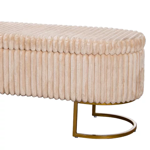Modern bézs puff pad arany fém lábbal – bordázott kárpitozott ülőke előszobába, nappaliba és hálószobába, elegáns design bútor42.5x128x46.5 cm
