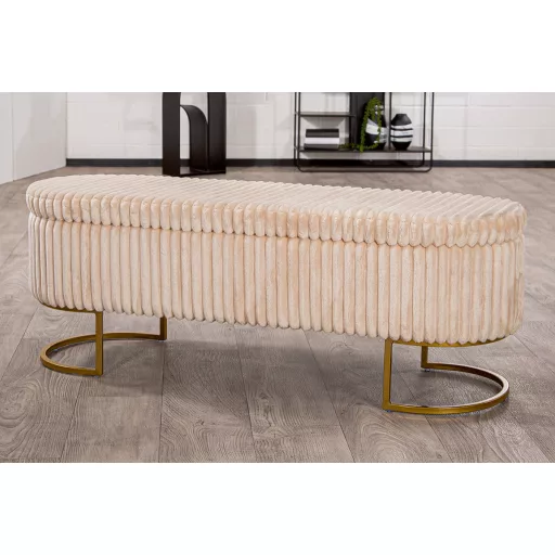 Modern bézs puff pad arany fém lábbal – bordázott kárpitozott ülőke előszobába, nappaliba és hálószobába, elegáns design bútor42.5x128x46.5 cm