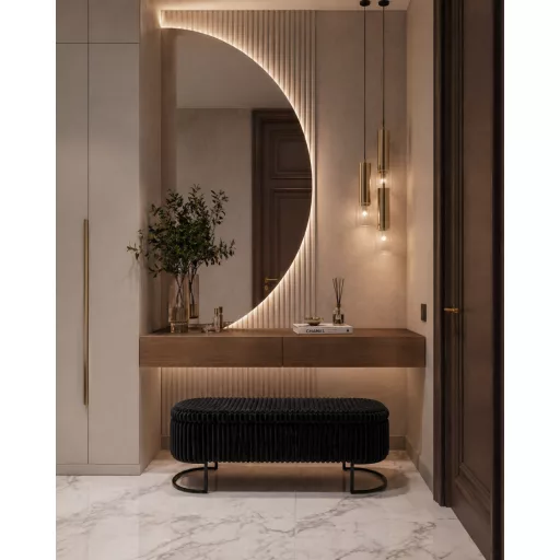 Modern fekete  pad fekete fém lábbal – bordázott kárpitozott ülőke előszobába, nappaliba és hálószobába, elegáns design bútor42.5x128x46.5 cm