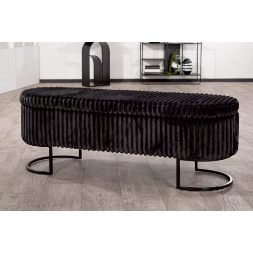 Modern fekete  pad fekete fém lábbal – bordázott kárpitozott ülőke előszobába, nappaliba és hálószobába, elegáns design bútor42.5x128x46.5 cm