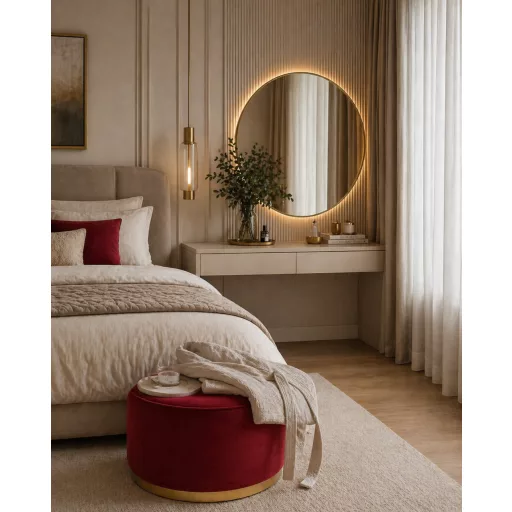 Prémium design puff – nagyméretű,  piros puff – modern design arany részletekkel ülőbútor nappaliba, dohányzóasztal alternatívaként, extra ülőhelyként vagy kényelmes lábtartóként 41x81cm