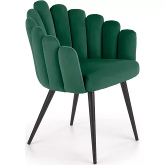  Modern zöld bársony fotelszék különleges kagyló kialakítással és fekete fém lábakkal. Elegáns megjelenés és maximális kényelem 85x62x62x50cm