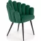 Modern zöld bársony fotelszék különleges kagyló kialakítással és fekete fém lábakkal. Elegáns megjelenés és maximális kényelem 85x62x62x50cm