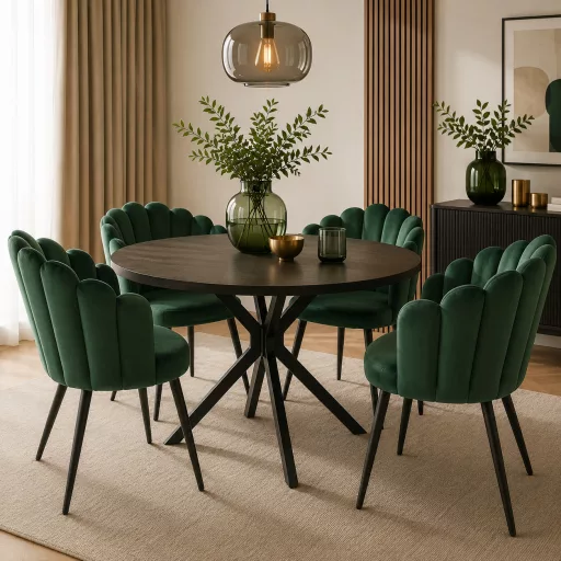 Modern zöld bársony fotelszék különleges kagyló kialakítással és fekete fém lábakkal. Elegáns megjelenés és maximális kényelem 85x62x62x50cm