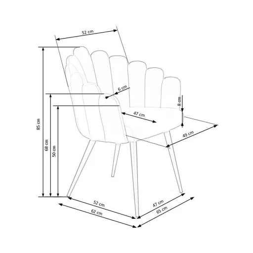 Modern zöld bársony fotelszék különleges kagyló kialakítással és fekete fém lábakkal. Elegáns megjelenés és maximális kényelem 85x62x62x50cm