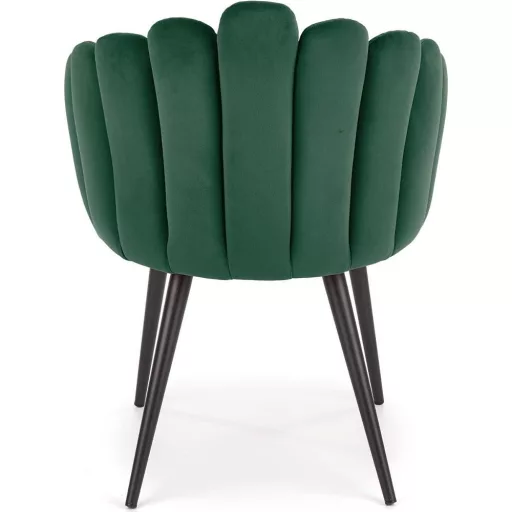 Modern zöld bársony fotelszék különleges kagyló kialakítással és fekete fém lábakkal. Elegáns megjelenés és maximális kényelem 85x62x62x50cm