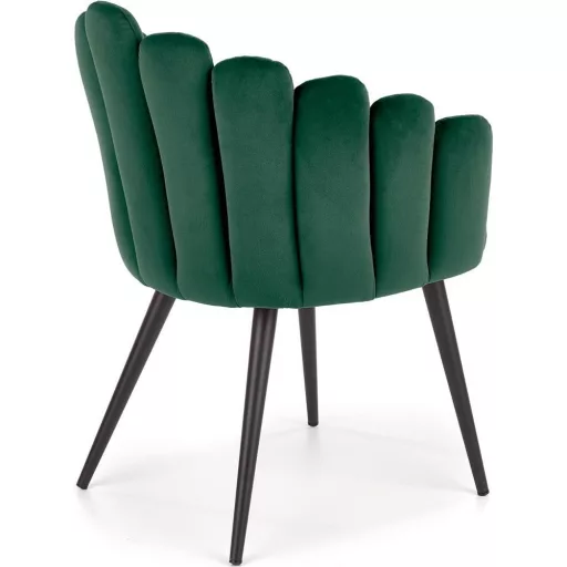Modern zöld bársony fotelszék különleges kagyló kialakítással és fekete fém lábakkal. Elegáns megjelenés és maximális kényelem 85x62x62x50cm