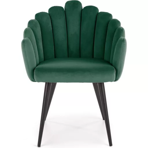 Modern zöld bársony fotelszék különleges kagyló kialakítással és fekete fém lábakkal. Elegáns megjelenés és maximális kényelem 85x62x62x50cm