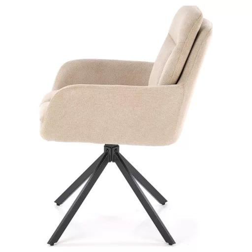 A modern forgószék kényelmes ülőfelülettel,  textilkárpittal beige színben  és elegáns fekete fém lábakkal 68x62x85x52 cm