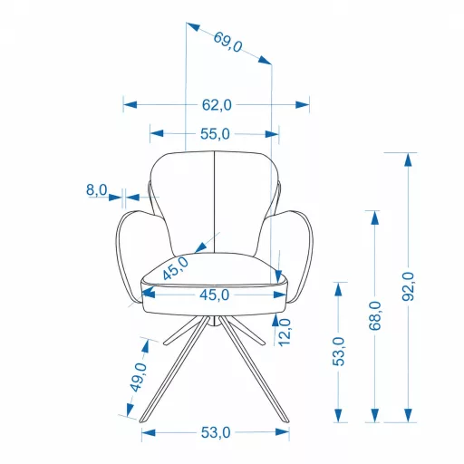 A modern forgószék  organikus lekerekített háttámlával,kényelmes- komfortos  táskarúgós ülőfelülettel,  textilkárpittal fahély beige színben  és elegáns beige fém lábakkal 62× 69×92 cm