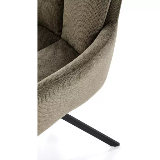 A modern forgószék kényelmes ülőfelülettel,  textilkárpittal  olivazöld színben  és elegáns fekete fém lábakkal 68x62x85x52 cm
