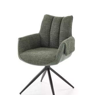   A modern forgószék kényelmes ülőfelülettel, ecobőr és textilkárpit kombinációjával olivazöld színben  és elegáns fekete fém lábakkal 65x64x87x49 cm