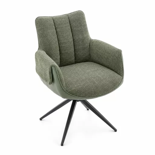 A modern forgószék kényelmes ülőfelülettel, ecobőr és textilkárpit kombinációjával olivazöld színben  és elegáns fekete fém lábakkal 65x64x87x49 cm