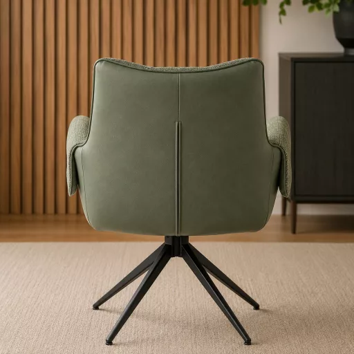 A modern forgószék kényelmes ülőfelülettel, ecobőr és textilkárpit kombinációjával olivazöld színben  és elegáns fekete fém lábakkal 65x64x87x49 cm