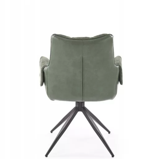 A modern forgószék kényelmes ülőfelülettel, ecobőr és textilkárpit kombinációjával olivazöld színben  és elegáns fekete fém lábakkal 65x64x87x49 cm