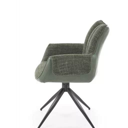A modern forgószék kényelmes ülőfelülettel, ecobőr és textilkárpit kombinációjával olivazöld színben  és elegáns fekete fém lábakkal 65x64x87x49 cm
