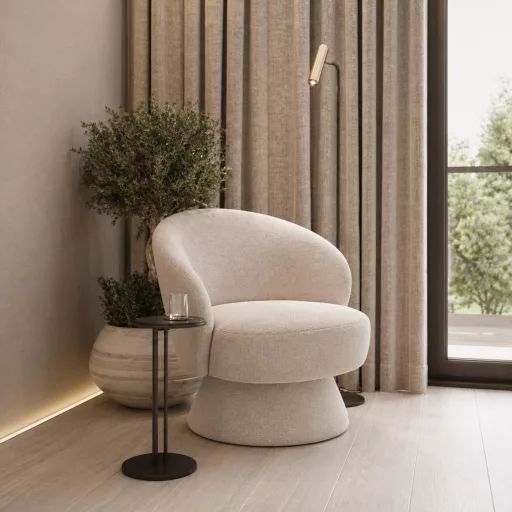 Modern fotel – kárpitozott design fotel beige szövet borítással nappaliba, hálóba  70x 76 x 46 cm