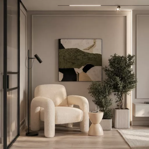 Stílusos, modern beige bouclé fotel puha tapintású kárpittal és egyedi formavilággal.  70x 76 x 46 cm