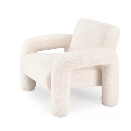 Stílusos, modern beige bouclé fotel puha tapintású kárpittal és egyedi formavilággal.  70x 76 x 46 cm